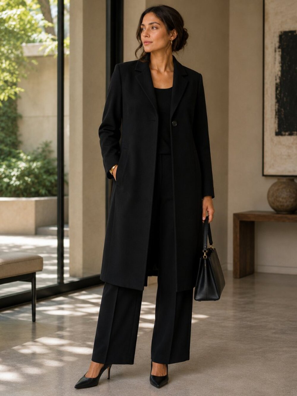 Gallery Long Black Coat — Minimalist Vintage Elegance